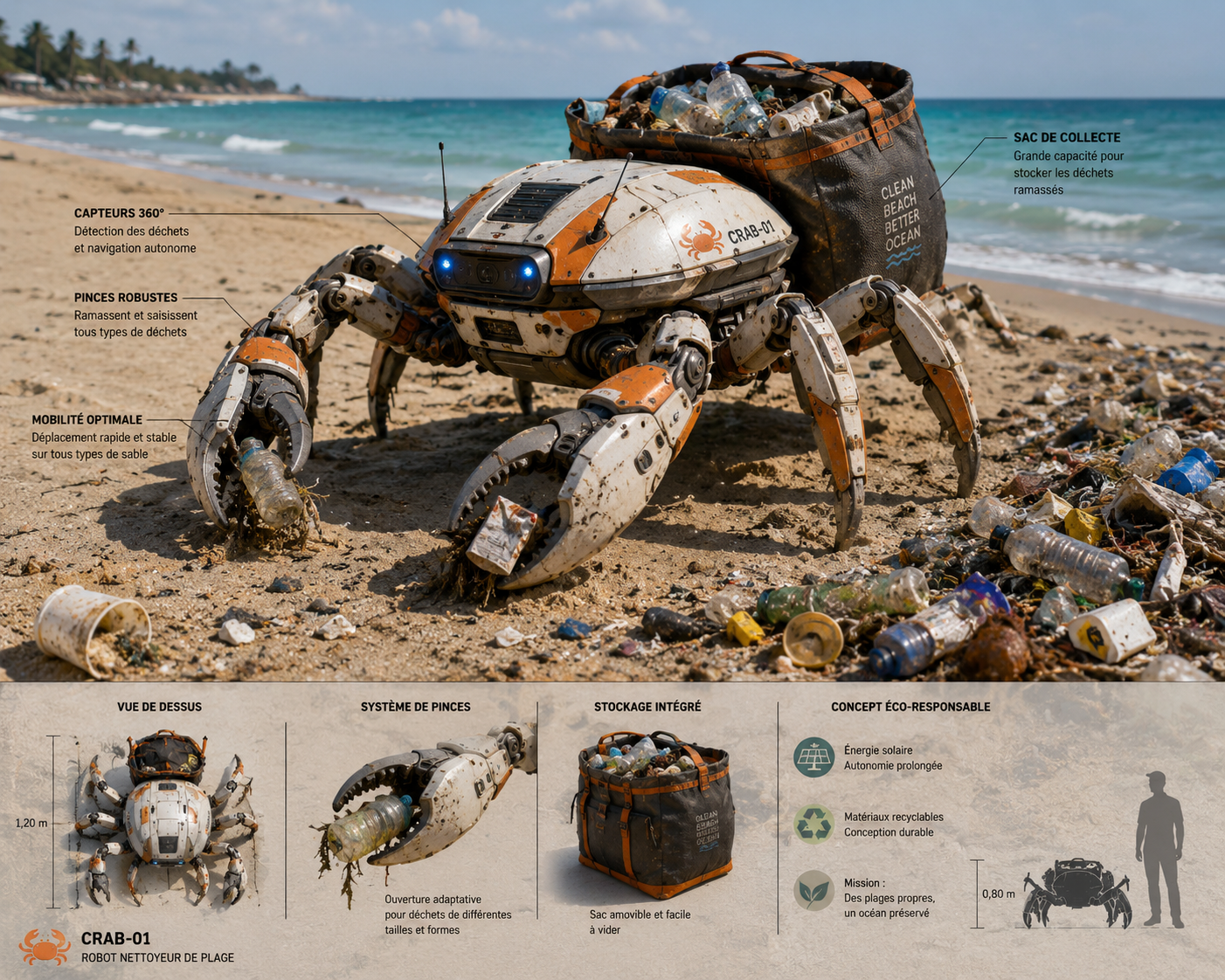 Robot crabe nettoyeur de plage collectant des déchets plastiques